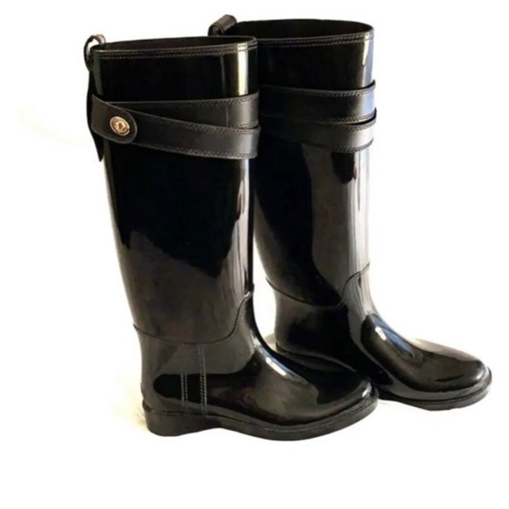 Coach Trisha II Turnlock Rain Patent Rubber Black Shiny Boots Gardener 7